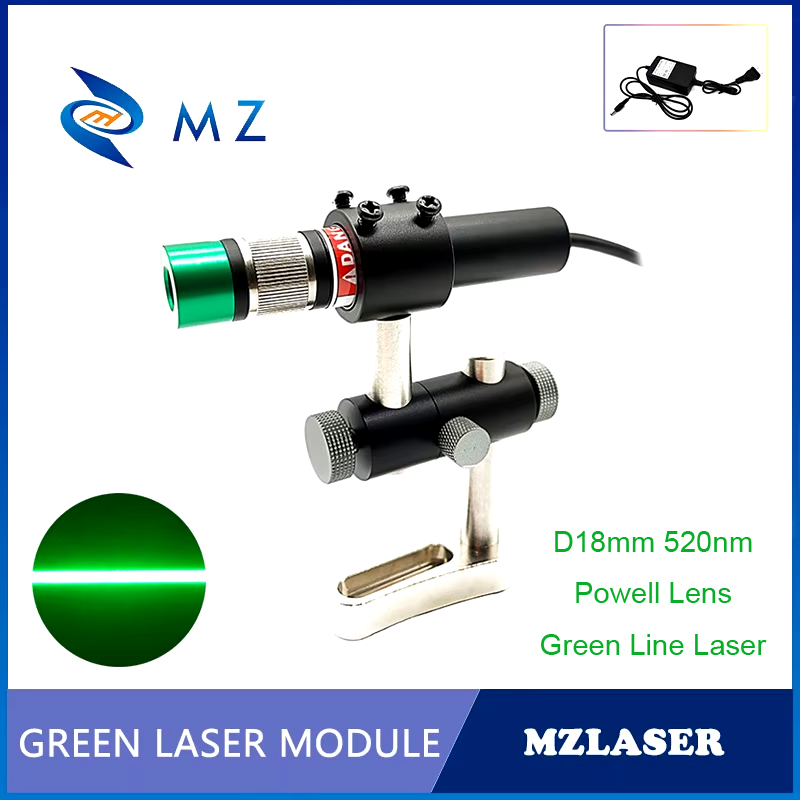 Industrial Laser Line Module - パウエルレンズグリーンラインレーザーダイオードモジュール調整可能な焦点D18mm 520nm 100mw 200mw 300mw 12V工業用ブラケットアダプター付き